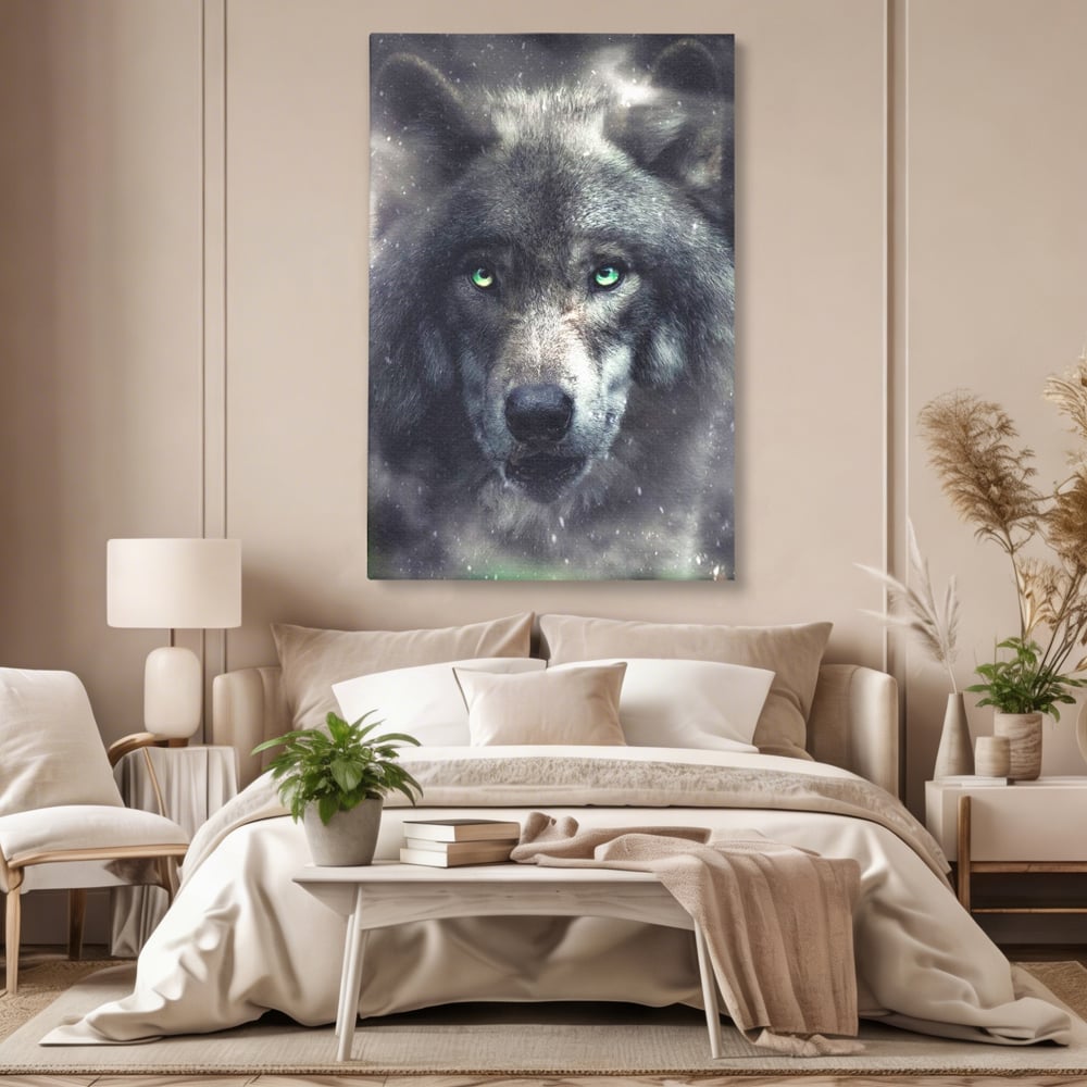 Tablou canvas cu tablou canvas cu cap de lup, fara rama, pe sasiu de lemn, pe perete intr-un dormitor